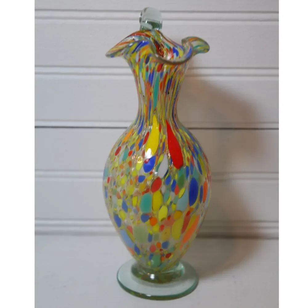 Vintage Carnival Pitcher Hurricane glass small‎ vase handle Speckled Confetti